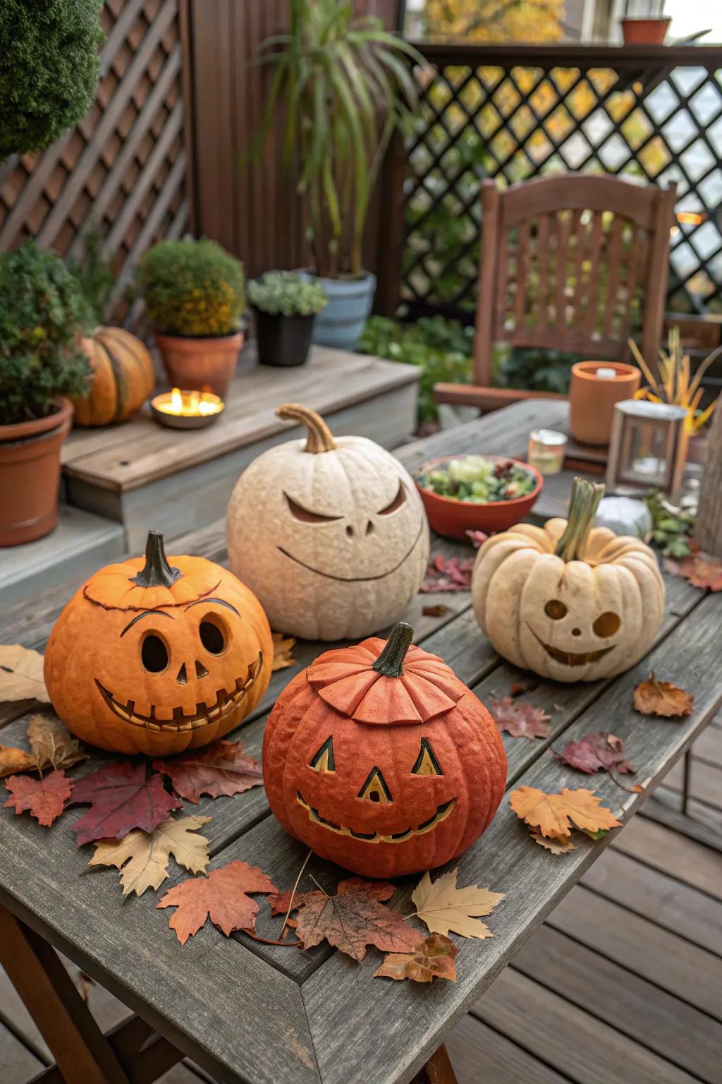 Pumpkins displaying a range of expressive clay faces.