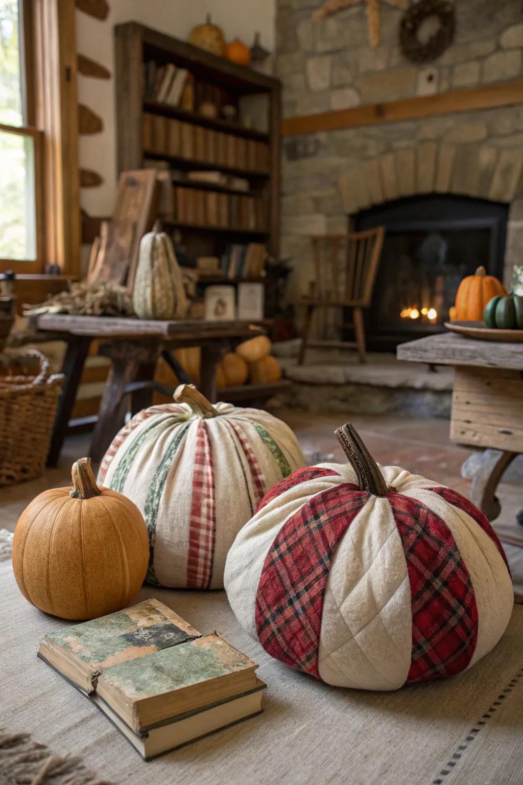 Achieve rustic appeal with textile-wrapped pumpkins.