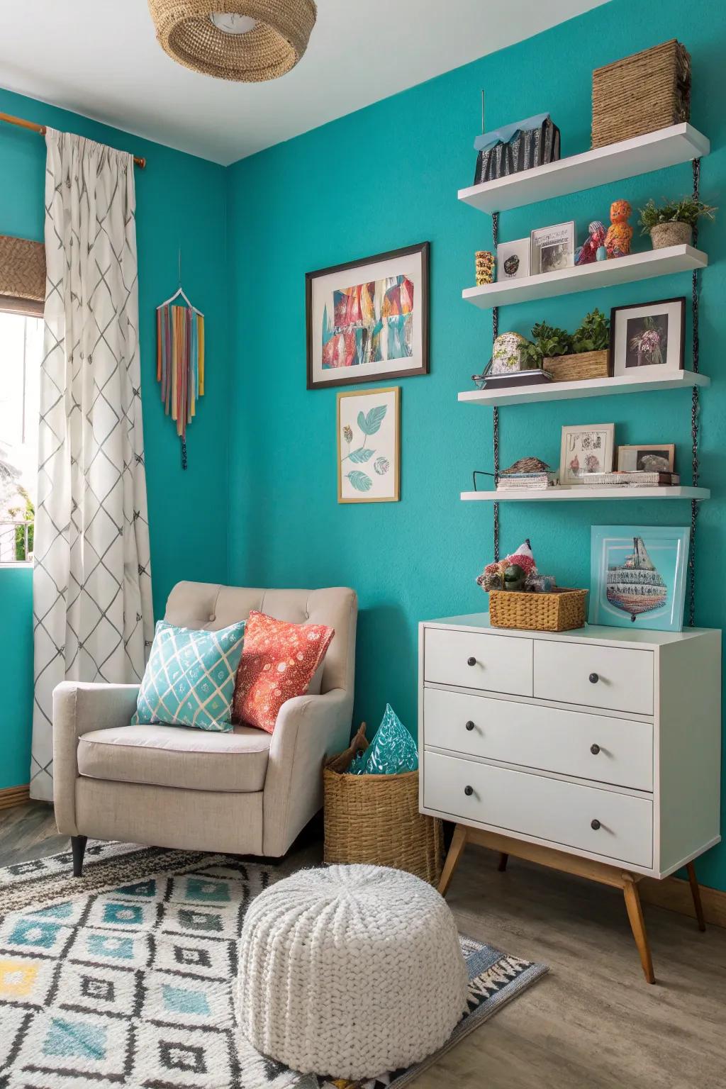 A room featuring a daring turquoise wall as a happy place.