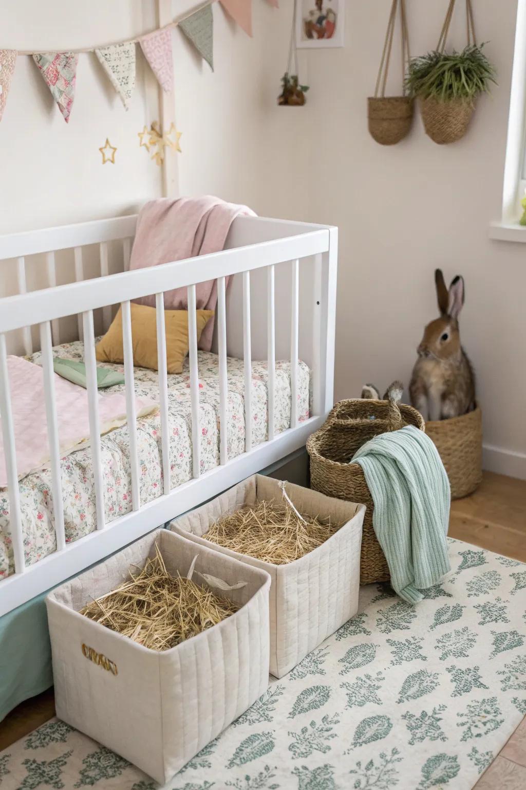 Under-crib storage makes the most of available space for rabbit hay.