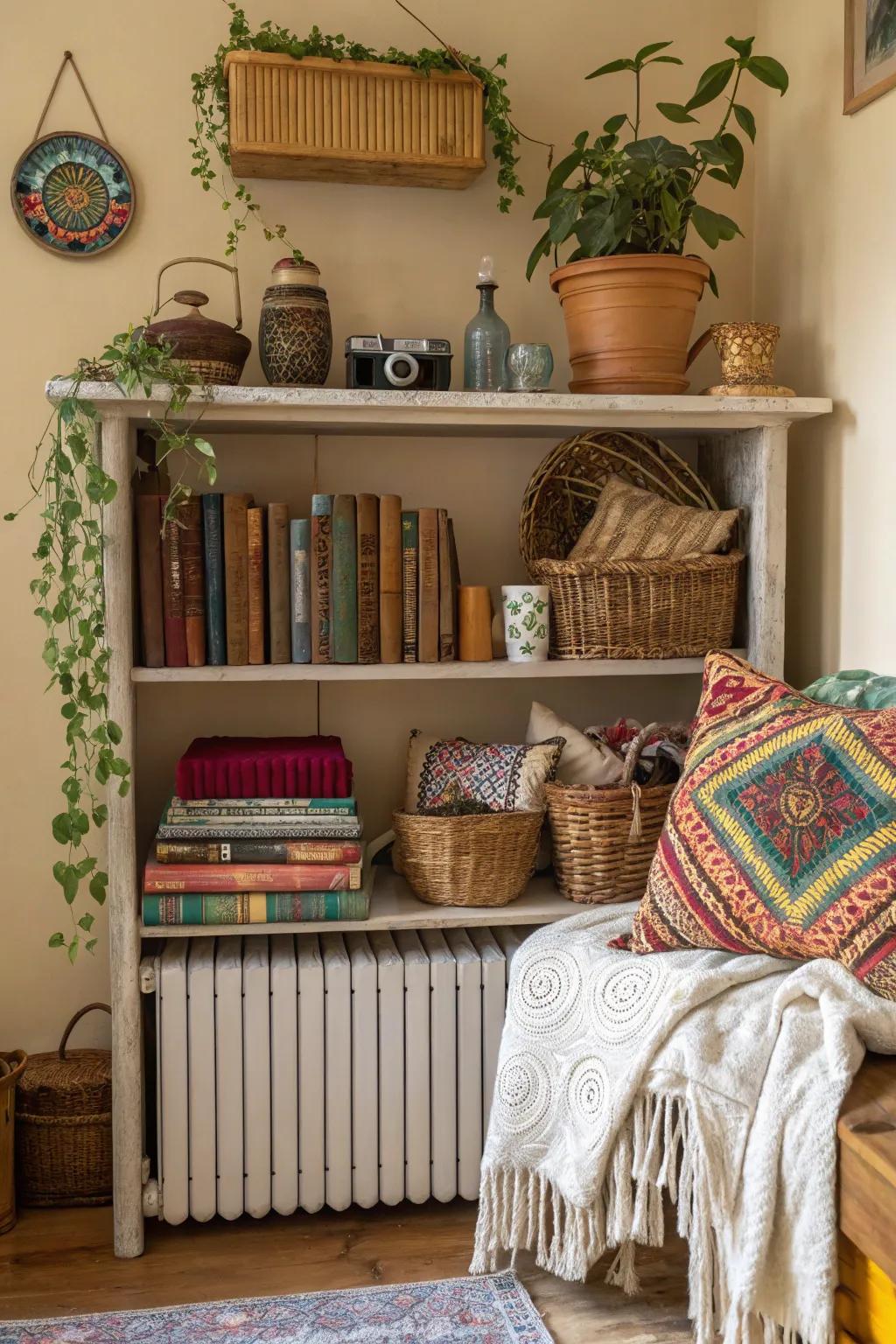 Create a bohemian oasis with a radiator shelf full of texture, color, and free-spirited charm.