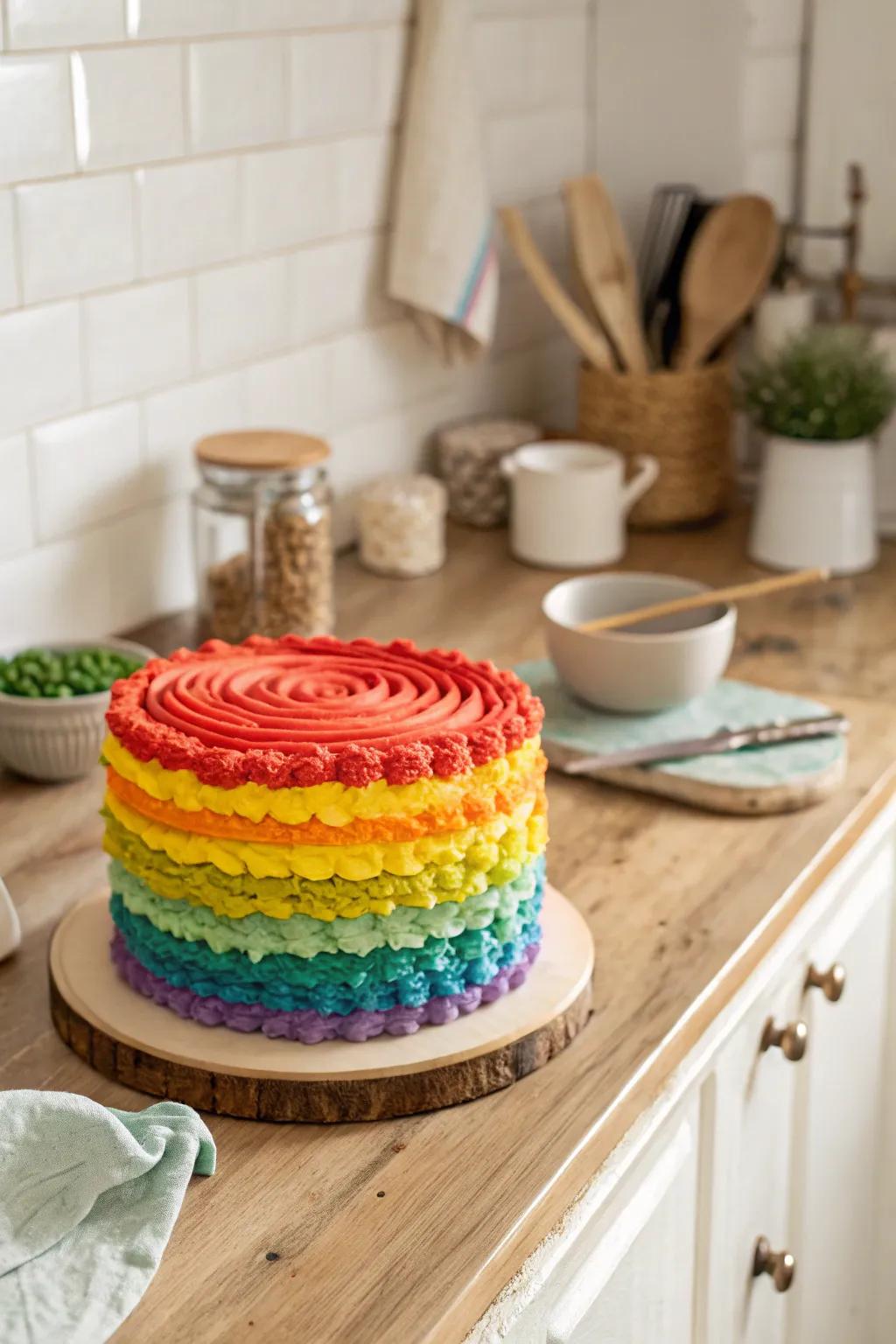 Textured buttercream introduces a rustic allure to the spectrum confection.