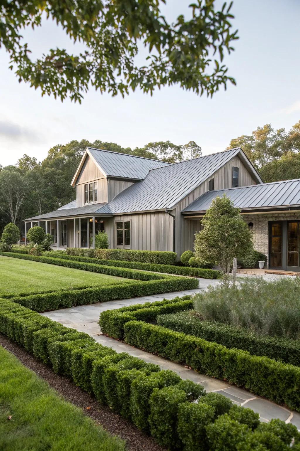Metal accents add a modern touch to this ranch-style house.