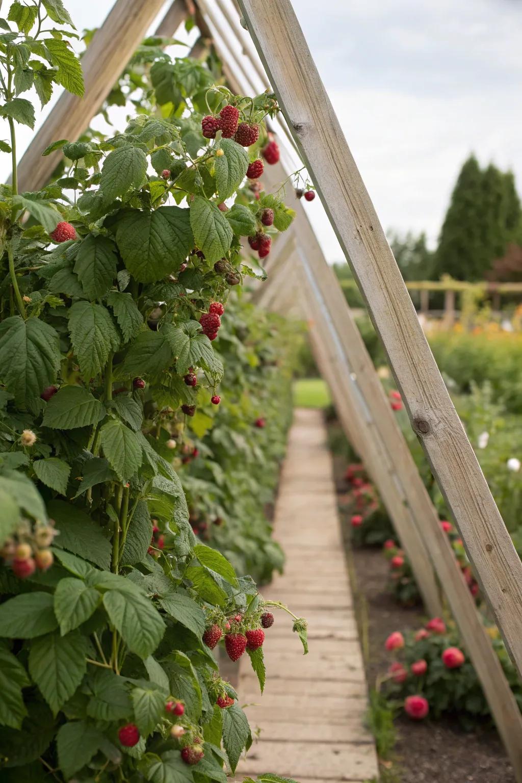 An A-frame trellis facilitates facile berry ingress and imparts horticultural charm.