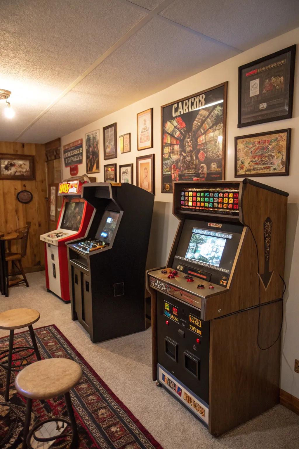 A vintage arcade area adds nostalgic charm.