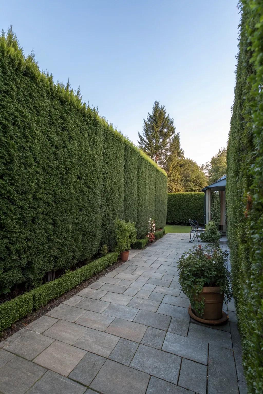 Screening bushes design a secluded and serene backyard environment.