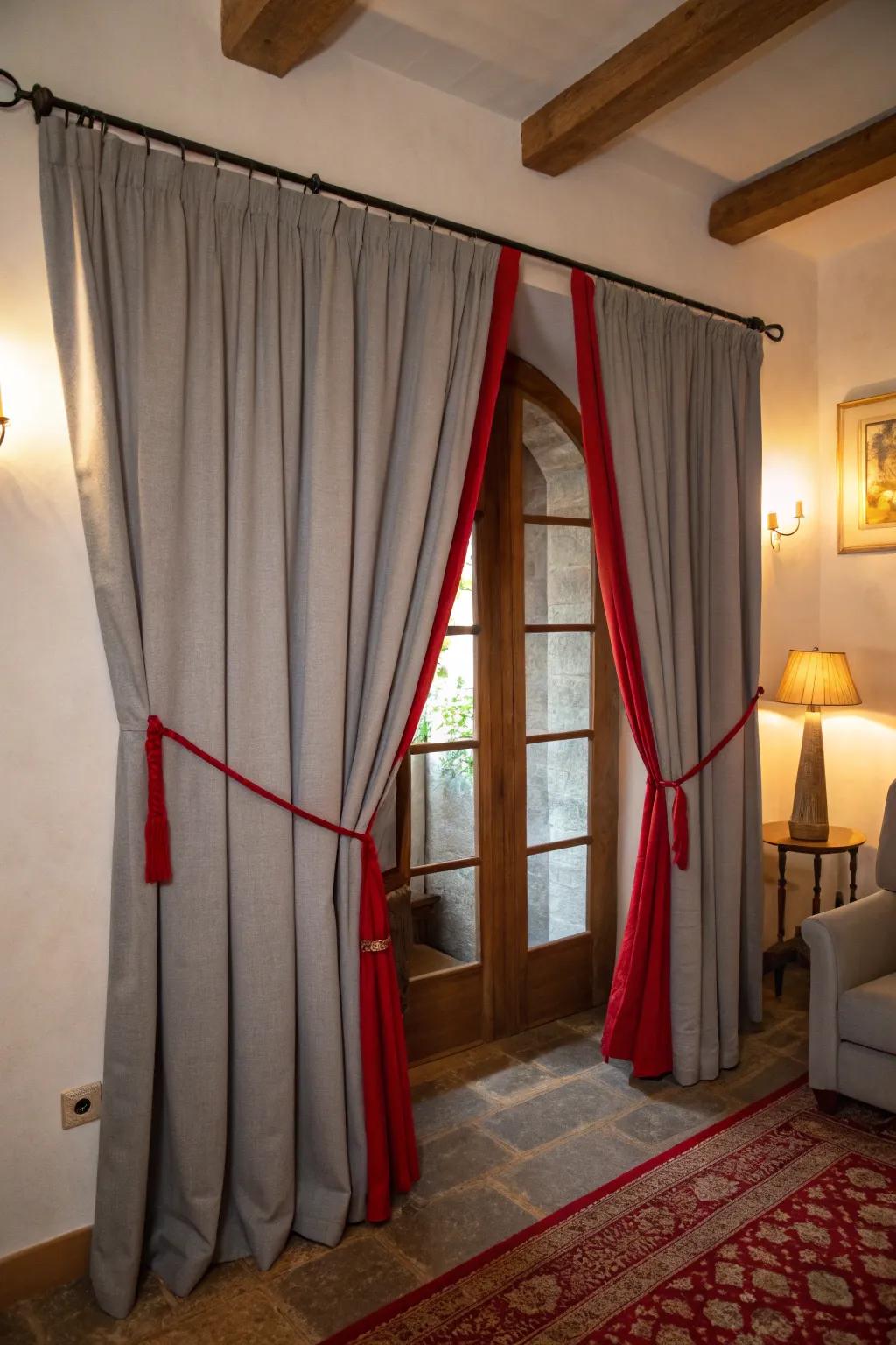 Grey curtains with crimson tiebacks elegantly frame the windows.
