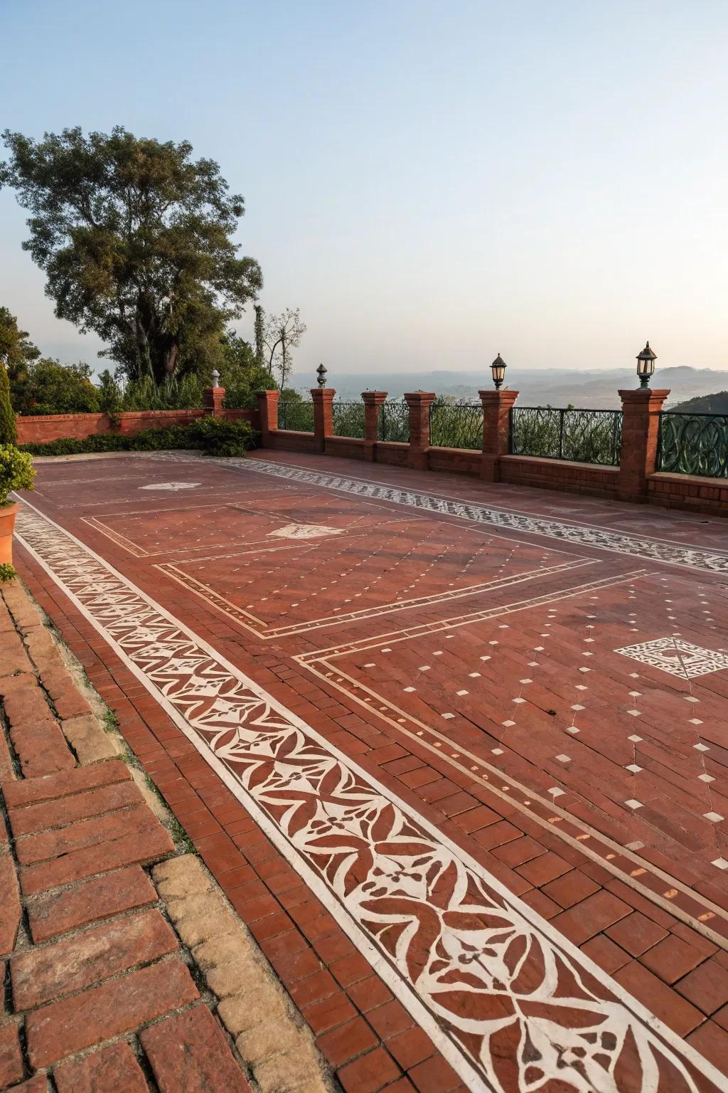 A red brick patio highlighted by distinct edges