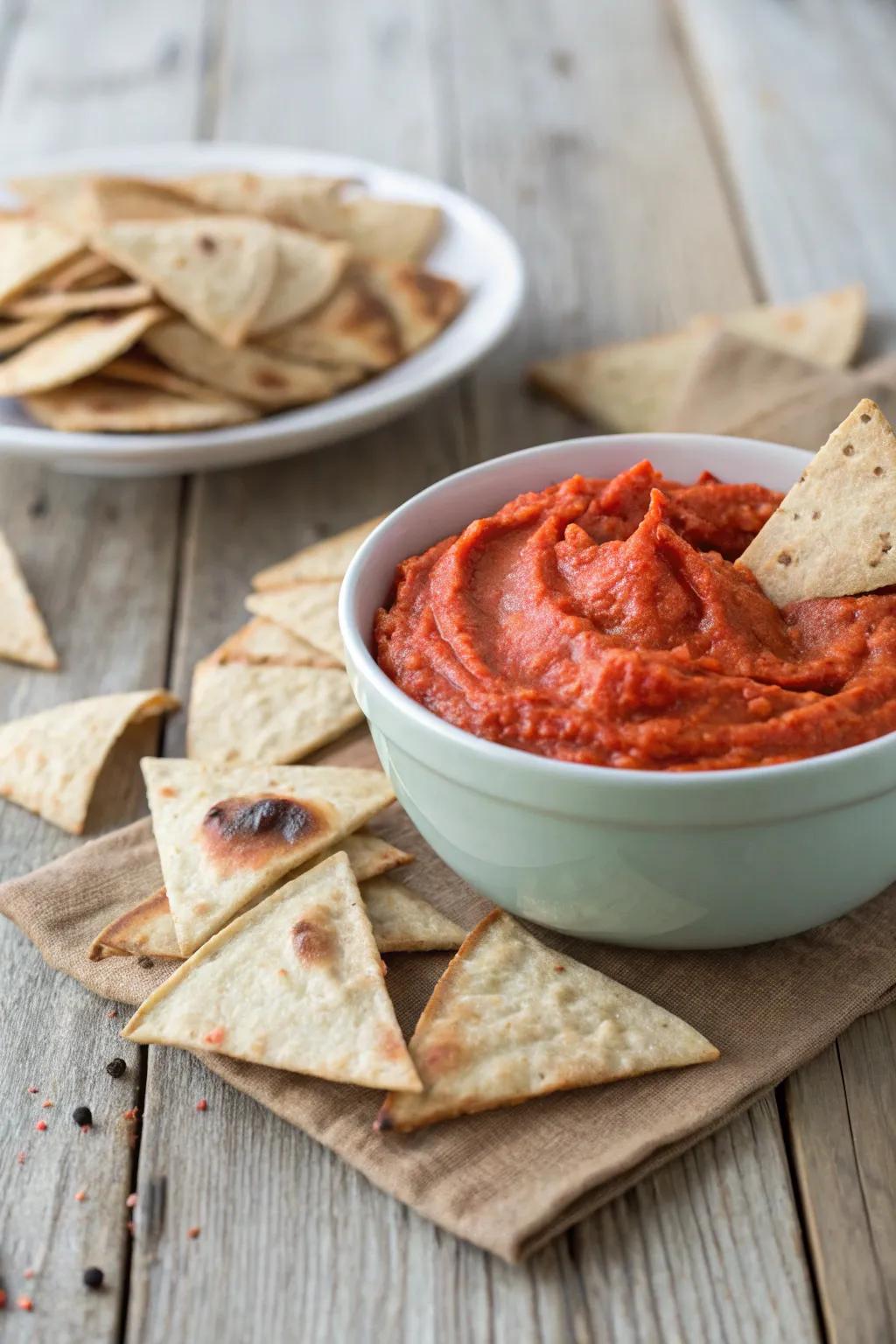 Roasted red pepper dip enriches party snacks with its deep flavor.