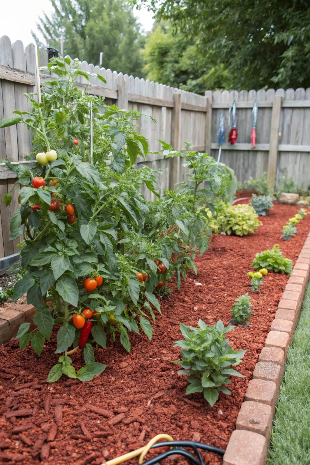 Vibrant mulch elevates vegetable gardens, promoting healthy plant growth.