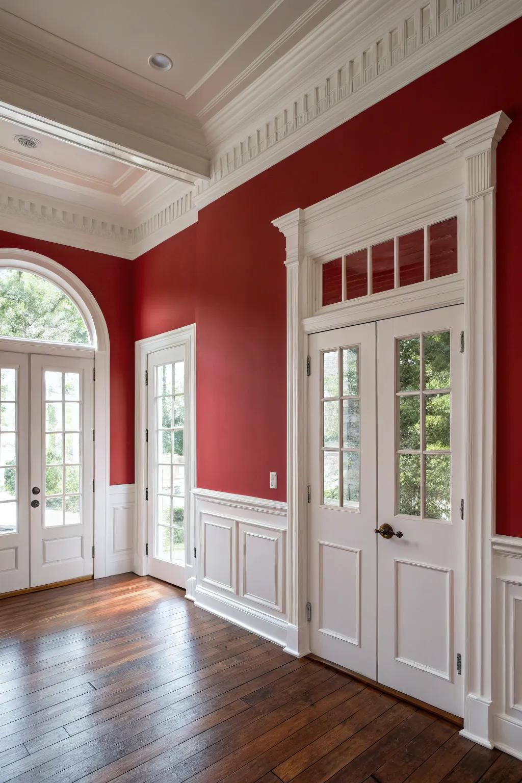 White woodwork provides a crisp contrast to the striking rouge walls.