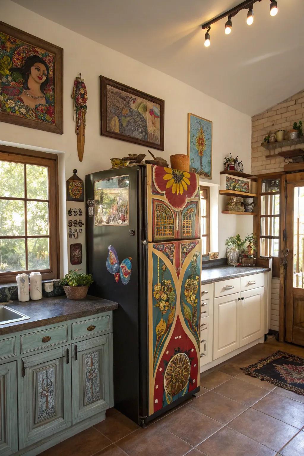 Artistic embellishments around the refrigerator elevate a unique and creative cooking space.
