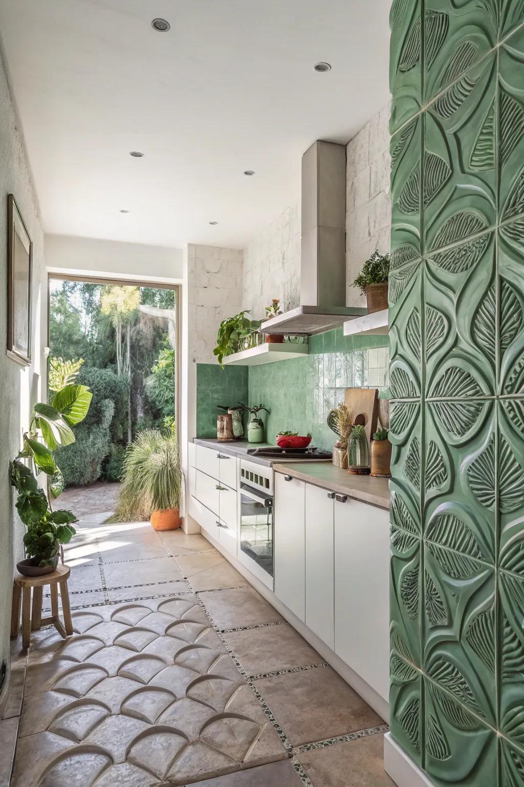 Botanical textured tiles provide a revitalizing vibe to the cooking area.