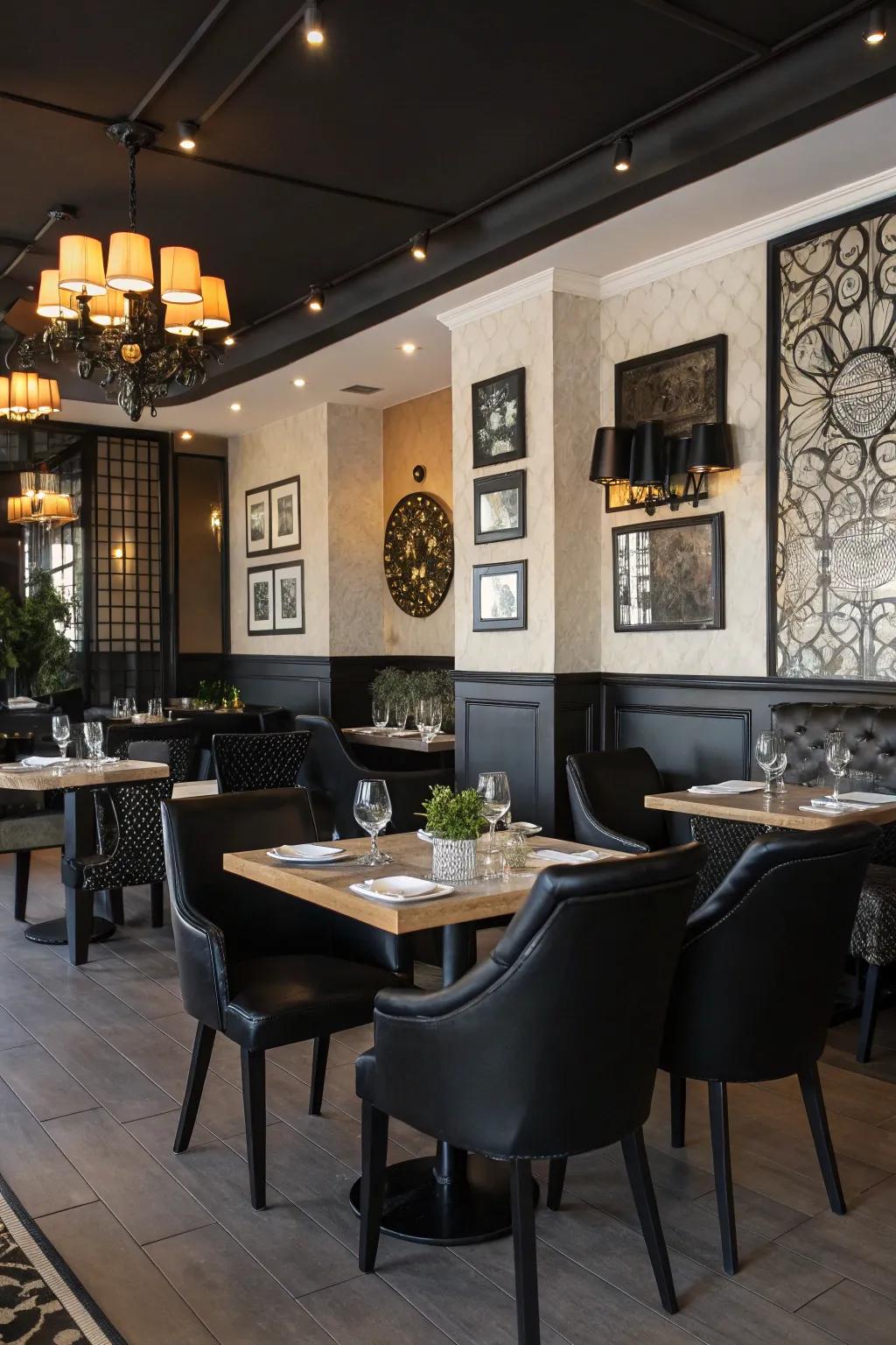 A restaurant design showcasing dramatic black accents, highlighting every design element.