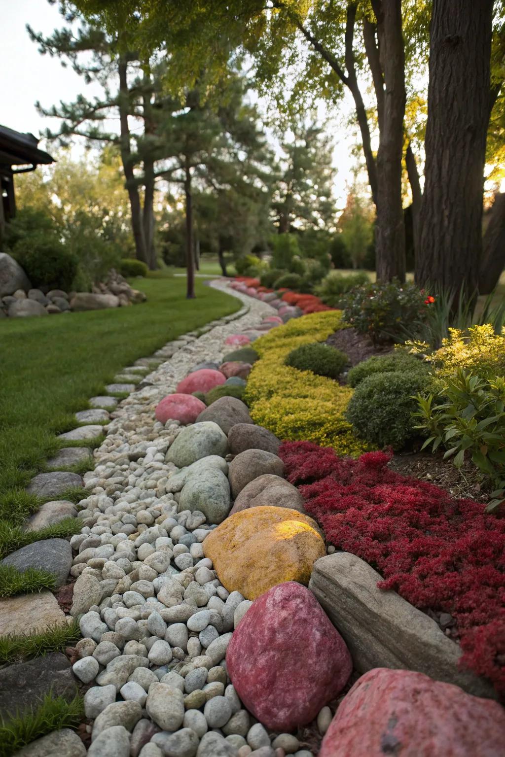 Contrasting rock tones make a garden border exceptionally noticeable.