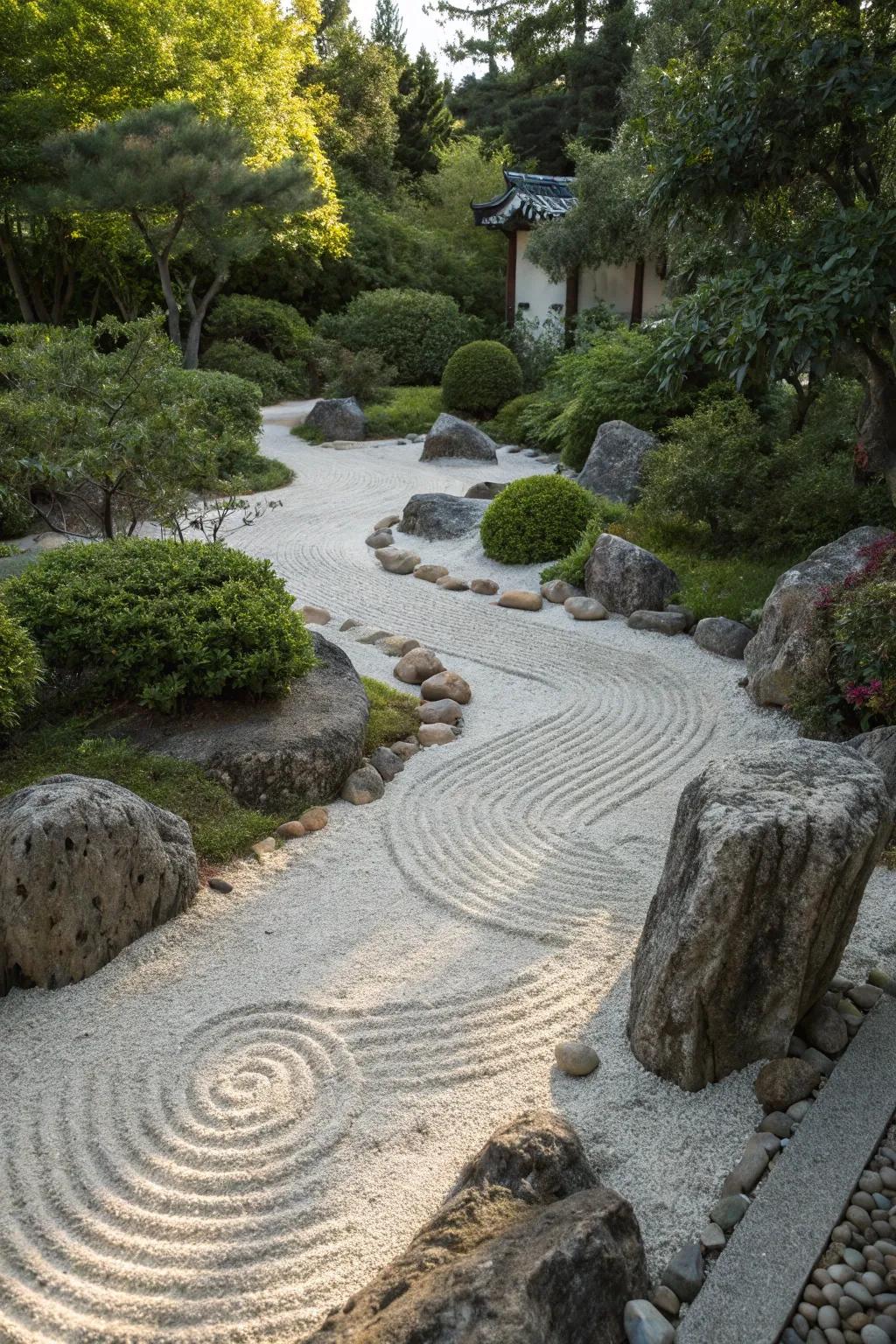 Zen garden walkways extend a tranquil retreat within your outdoor expanse.