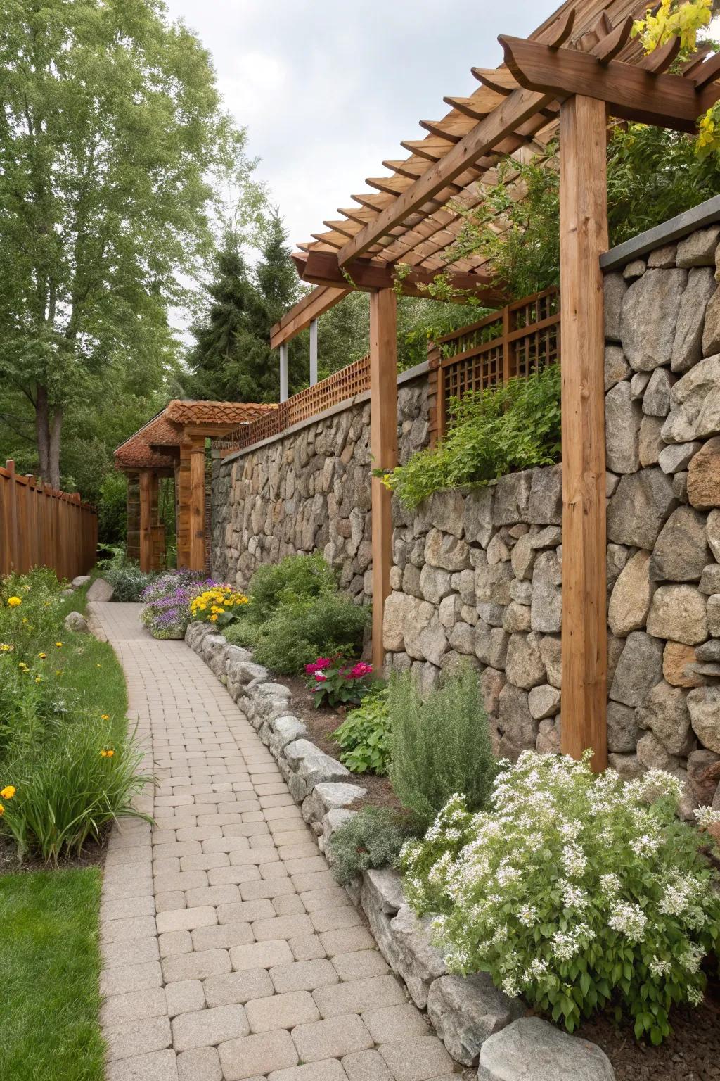 Blended materials such as timber and stone fashion an eclectic garden charm.