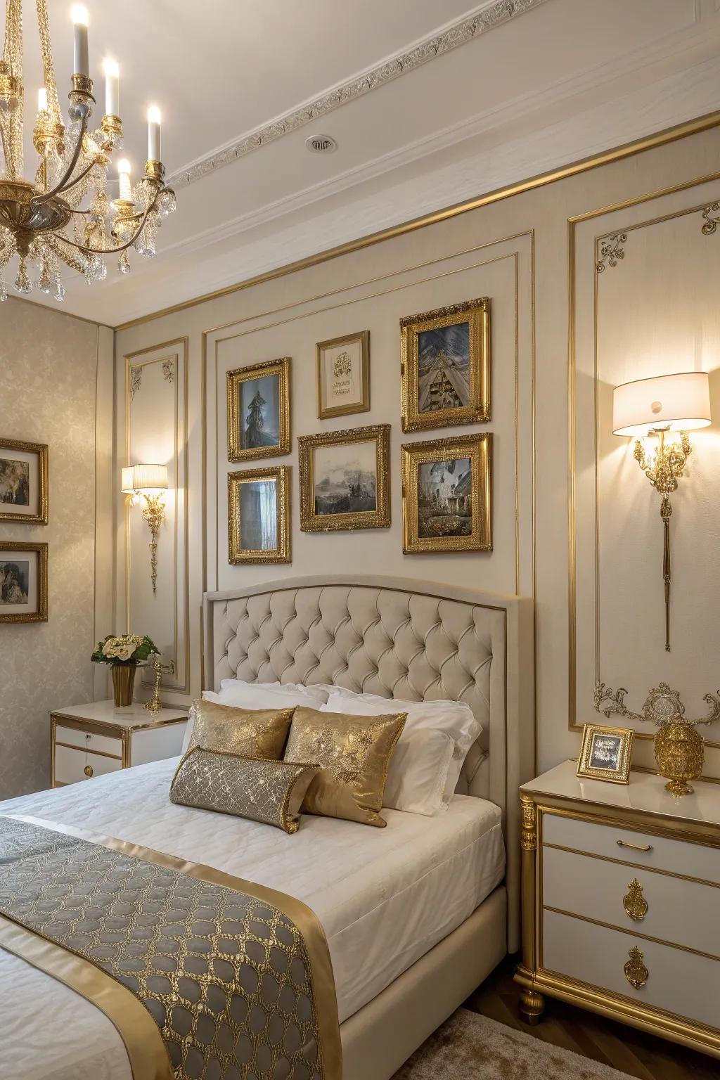 Gilded features contribute a hint of opulence and elegance to this bedroom.