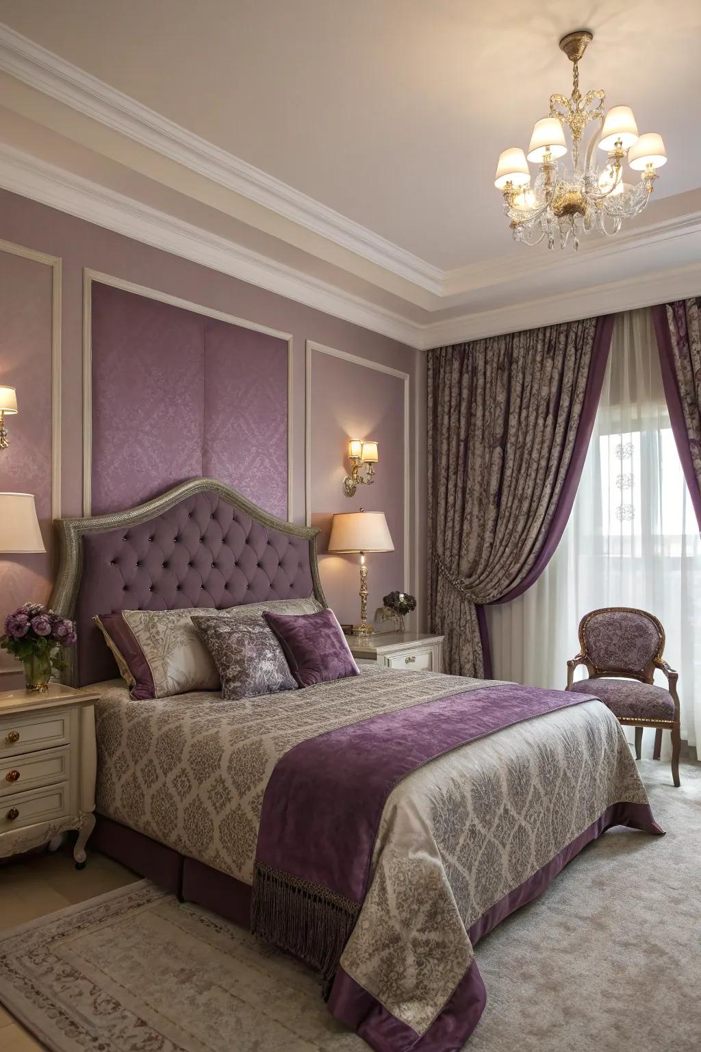 A sophisticated bedroom featuring delicate lavender accents and cozy elegance, creating a haven of relaxation and peace.