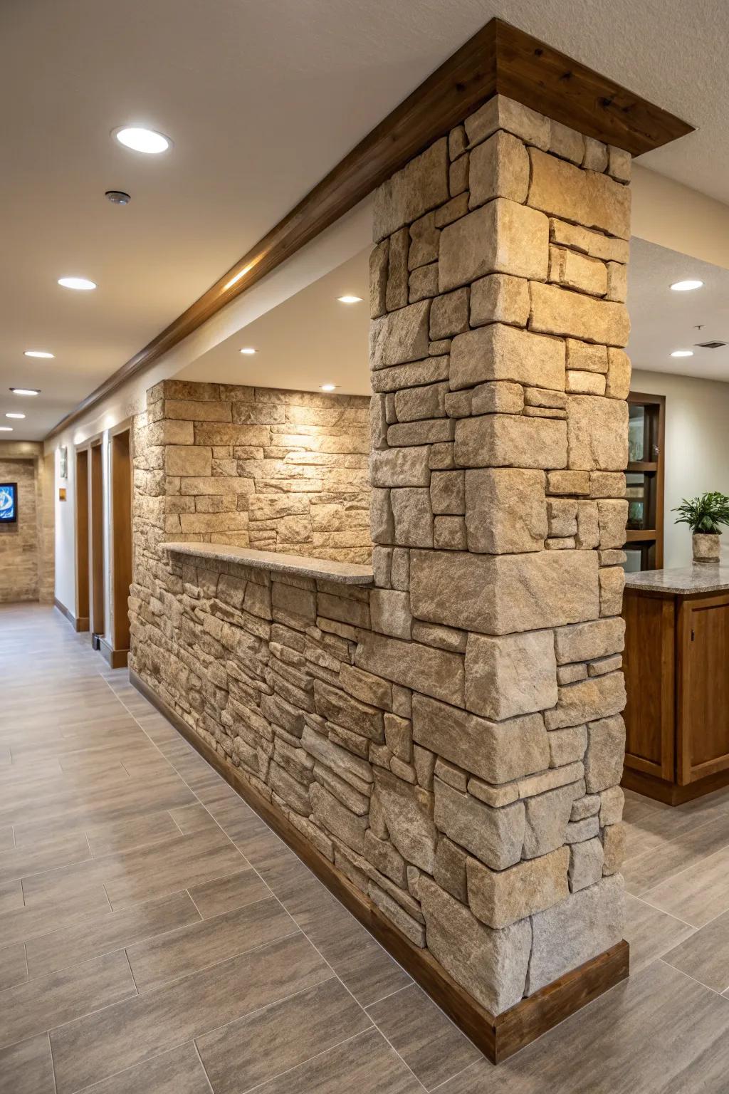 An interior space featuring a textured stone low wall providing depth and interest.