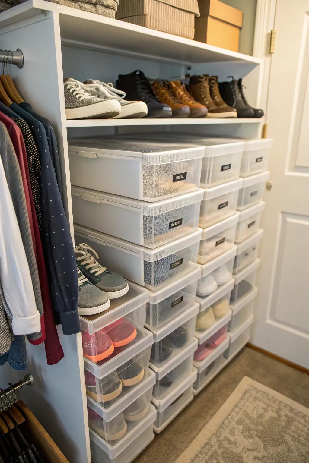 Stackable storage is a great way to maximize area and keep items organized.