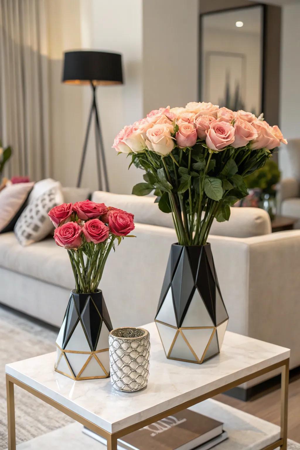 Contemporary twist featuring roses inside angular vases.