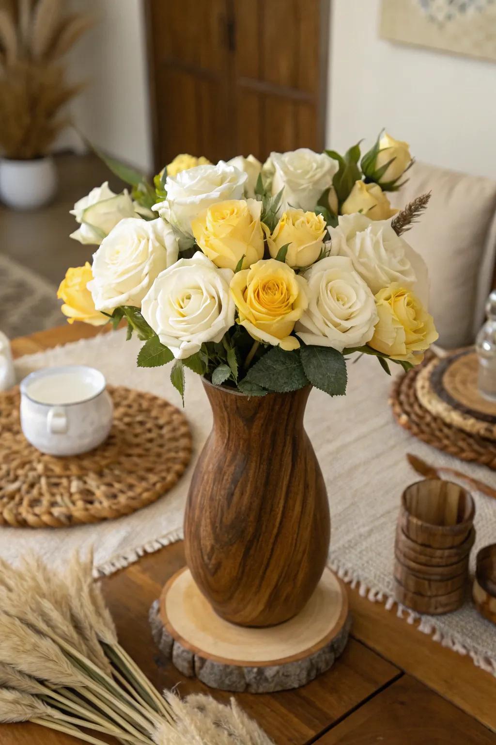 Natural Warmth with Timber Blossom Holder and Roses