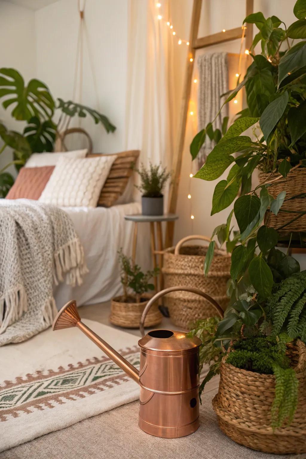 A boho plant nook with a touch of blush-tone elegance.