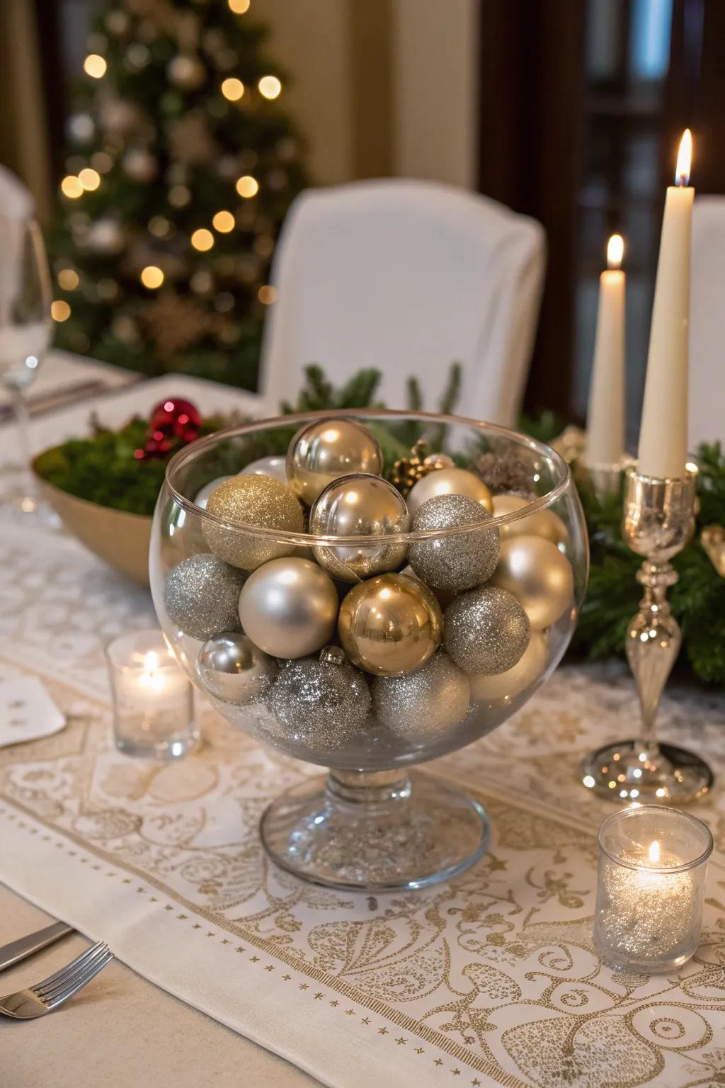 Metal orbs nested in a glass bowl contribute an alluring shimmer to your decorating.