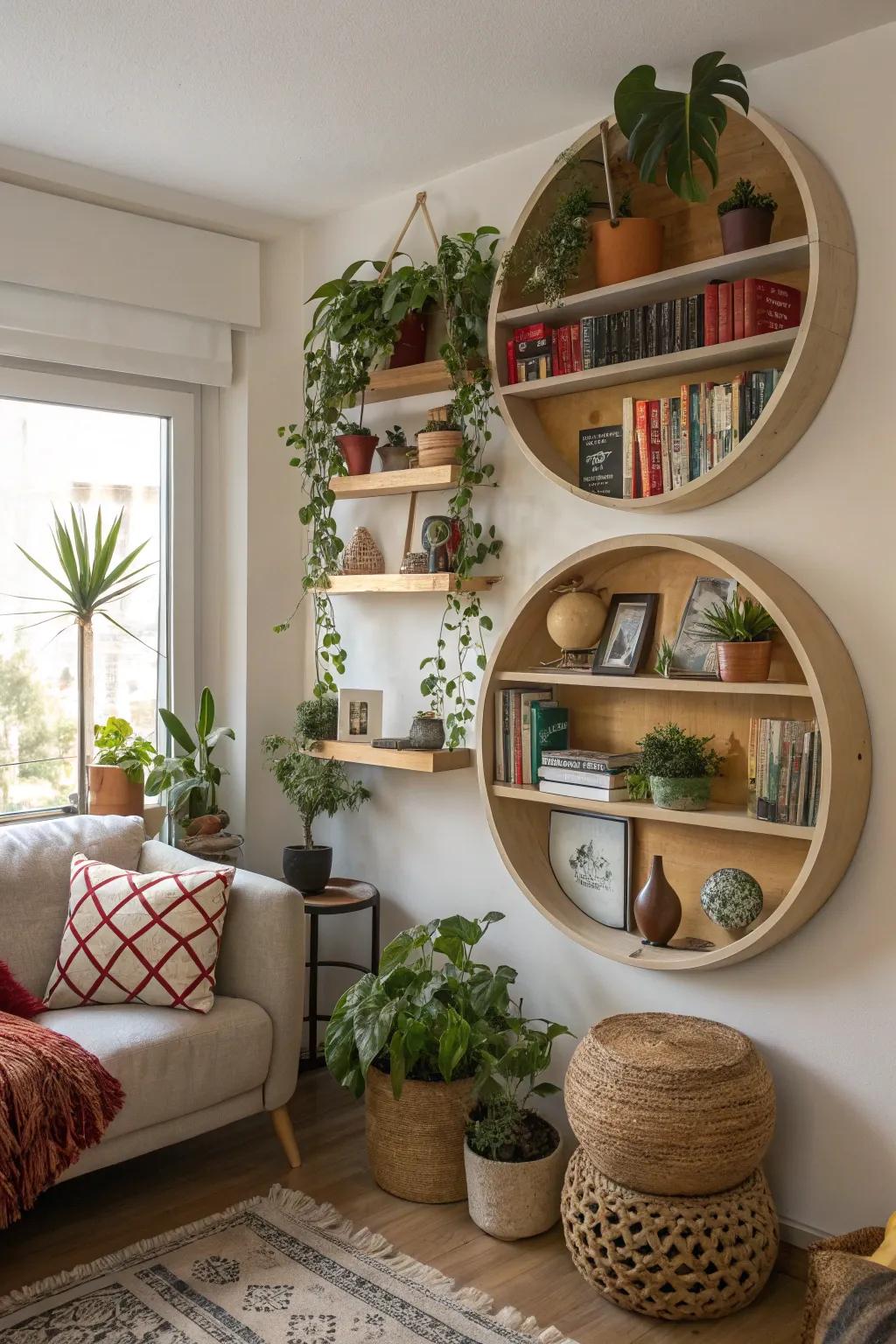 A living room featuring functional circular shelves exhibiting decorative items.