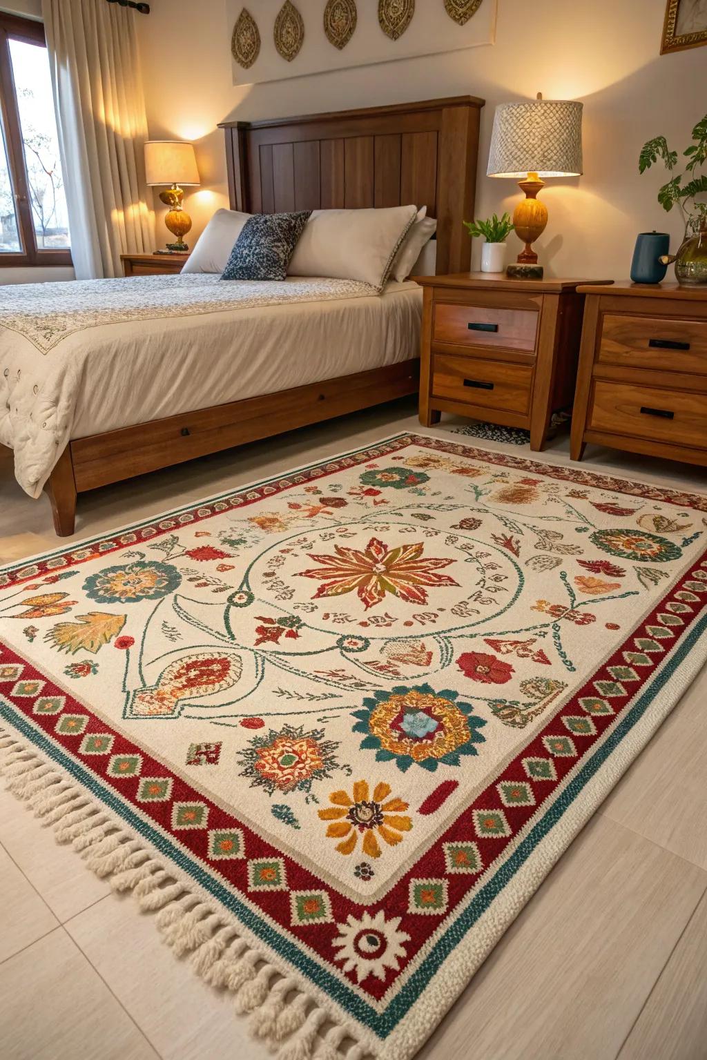 Cultural rugs bring a unique and personalized element to your room.