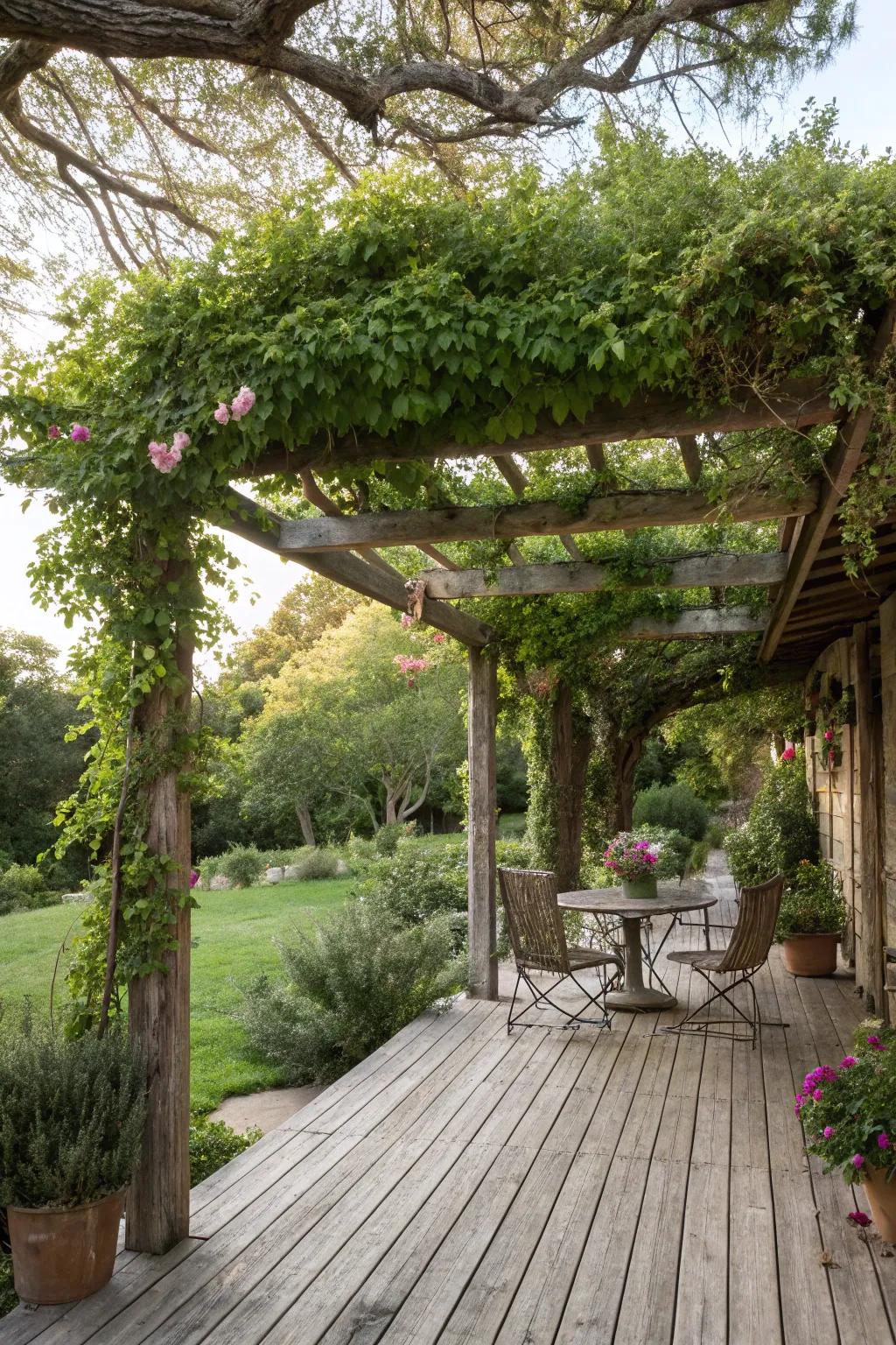 Pergola shelters offer countryside and breezy charm.