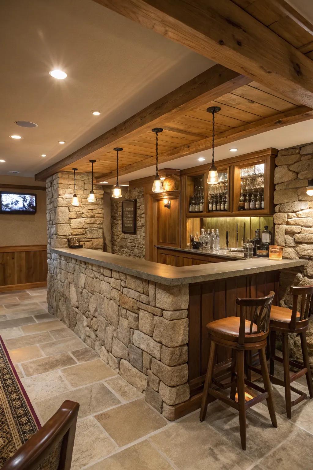 Bar front with natural stone injecting an organic element into the area.