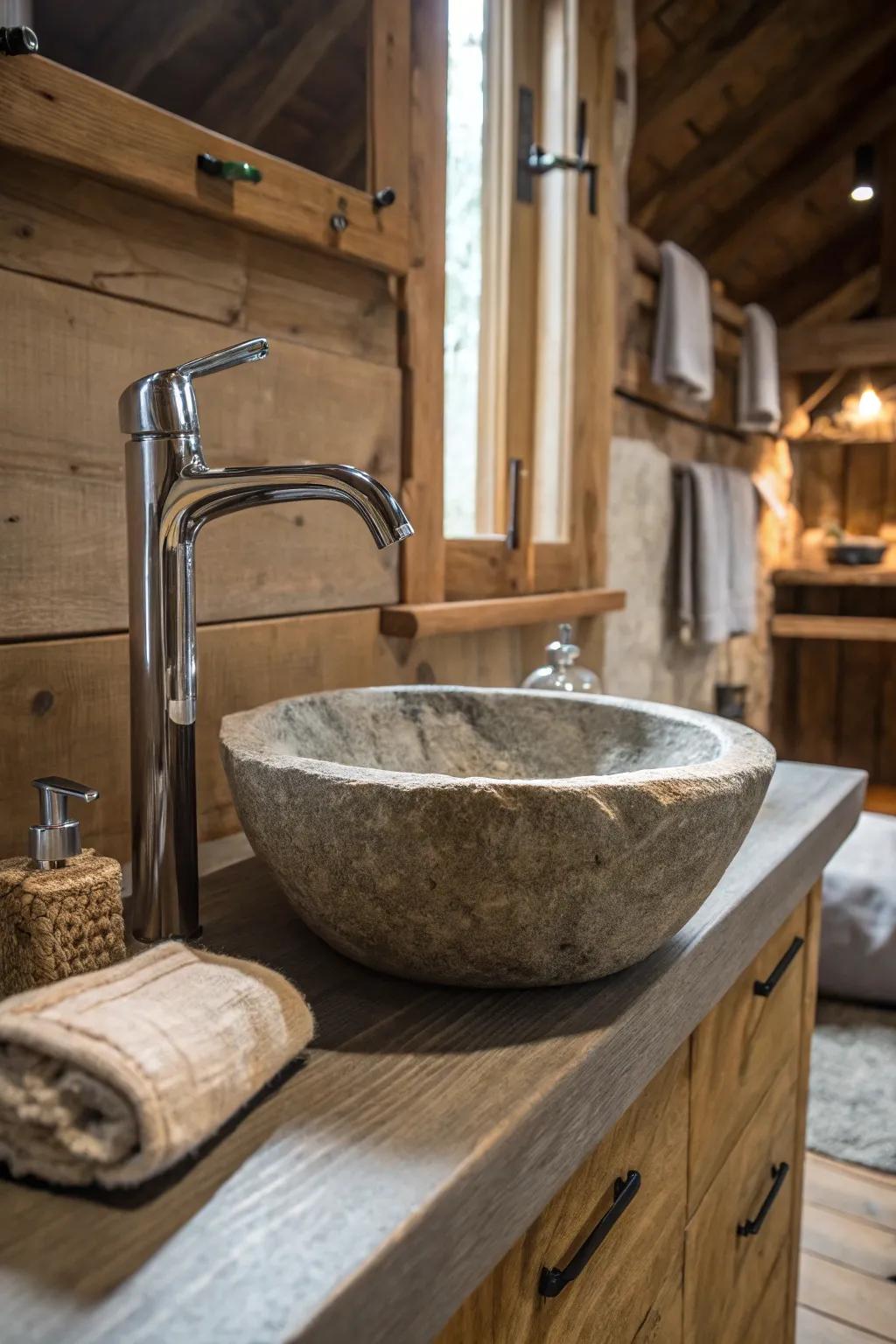 The harmony of alloy and stone creates a striking rustic juxtaposition.