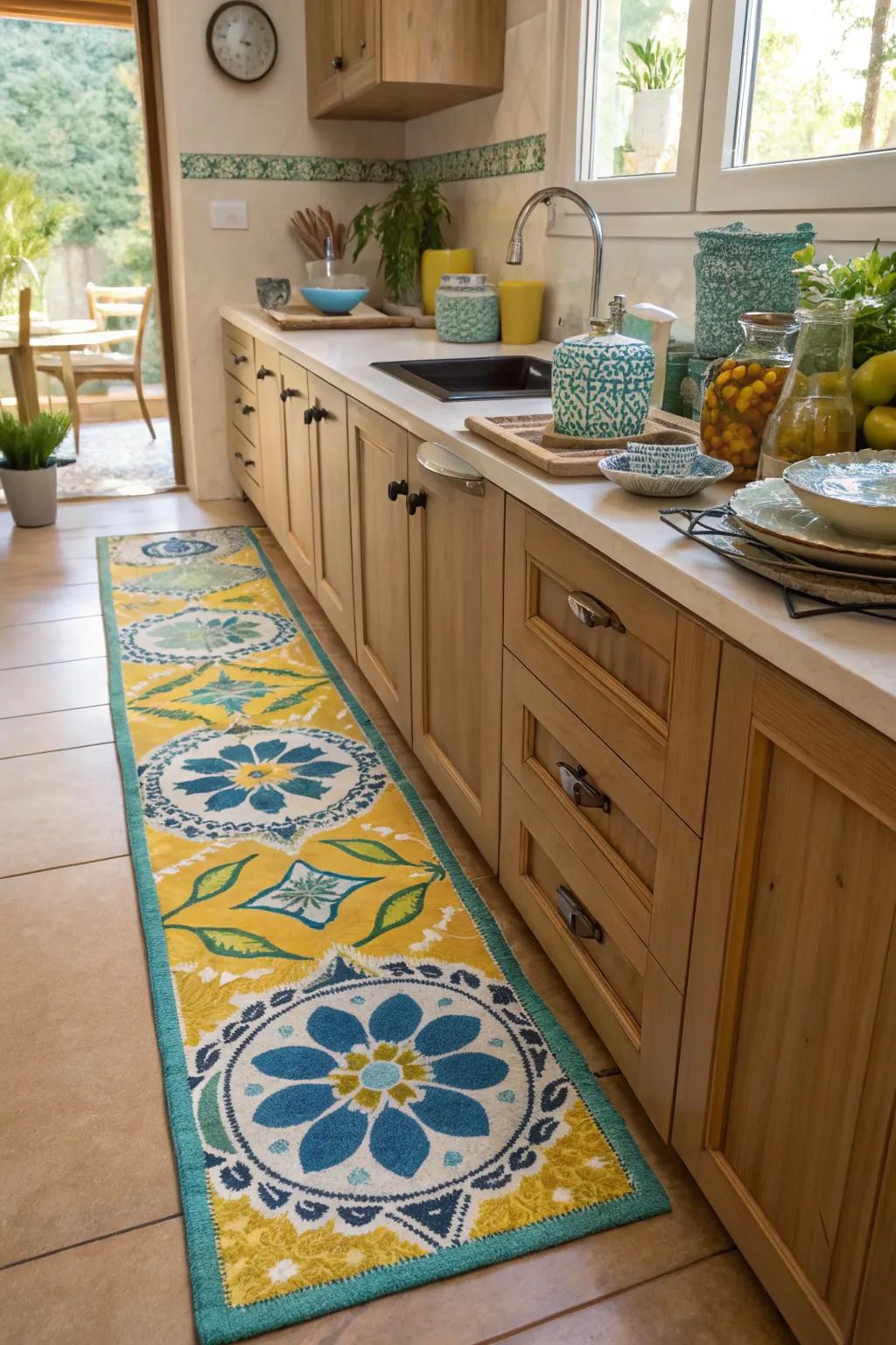 A boho cooking area with colorful accents is full of character.