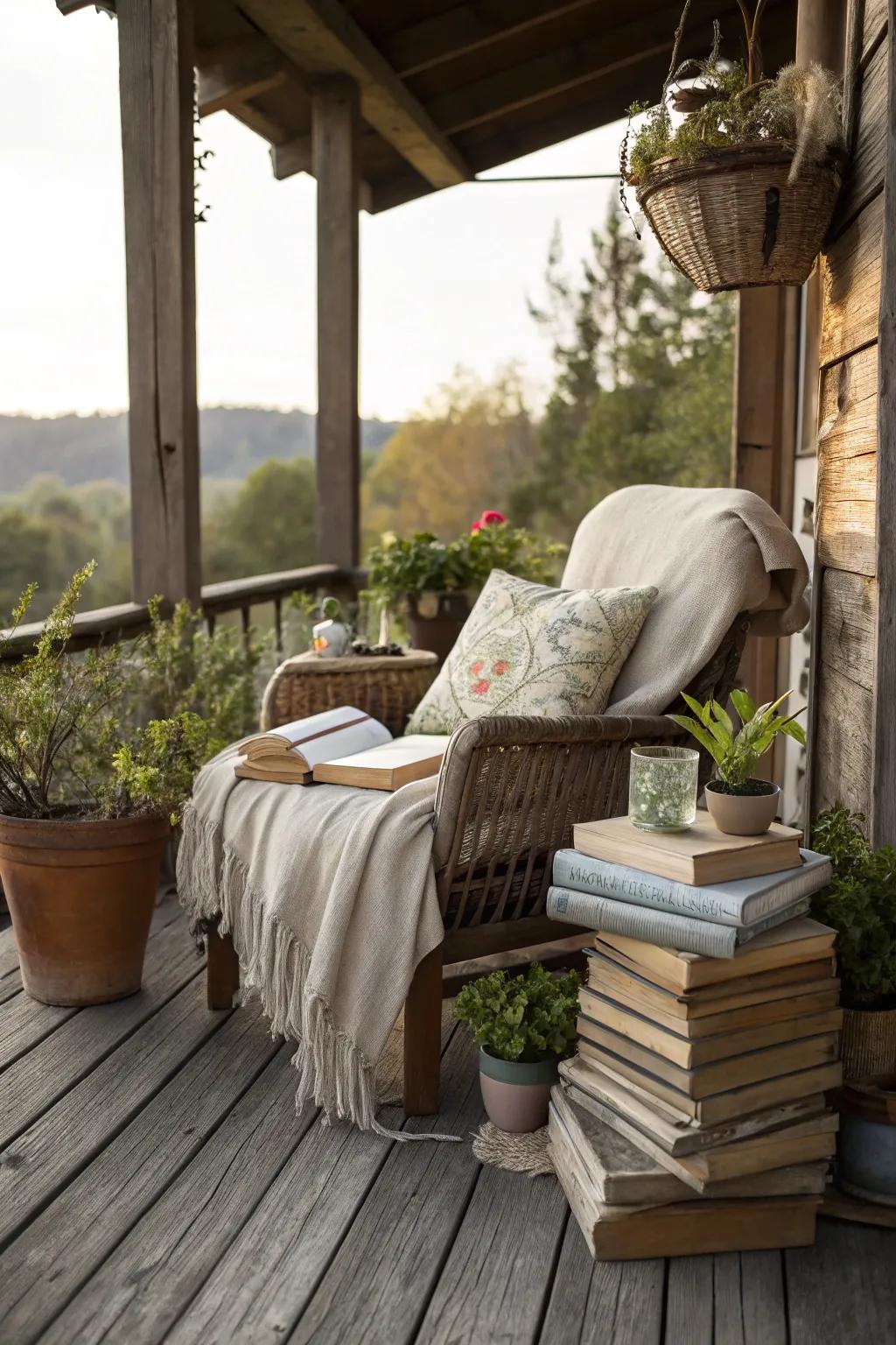 A reading alcove is a perfect retreat on this countryside patio.
