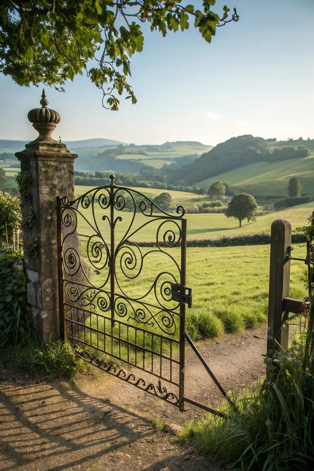 Elegance through intricate steel scrollwork on a farm gate.