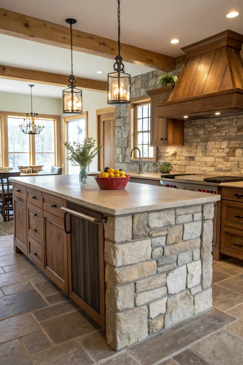 A farmhouse kitchen island enhanced by a stone tile highlight.