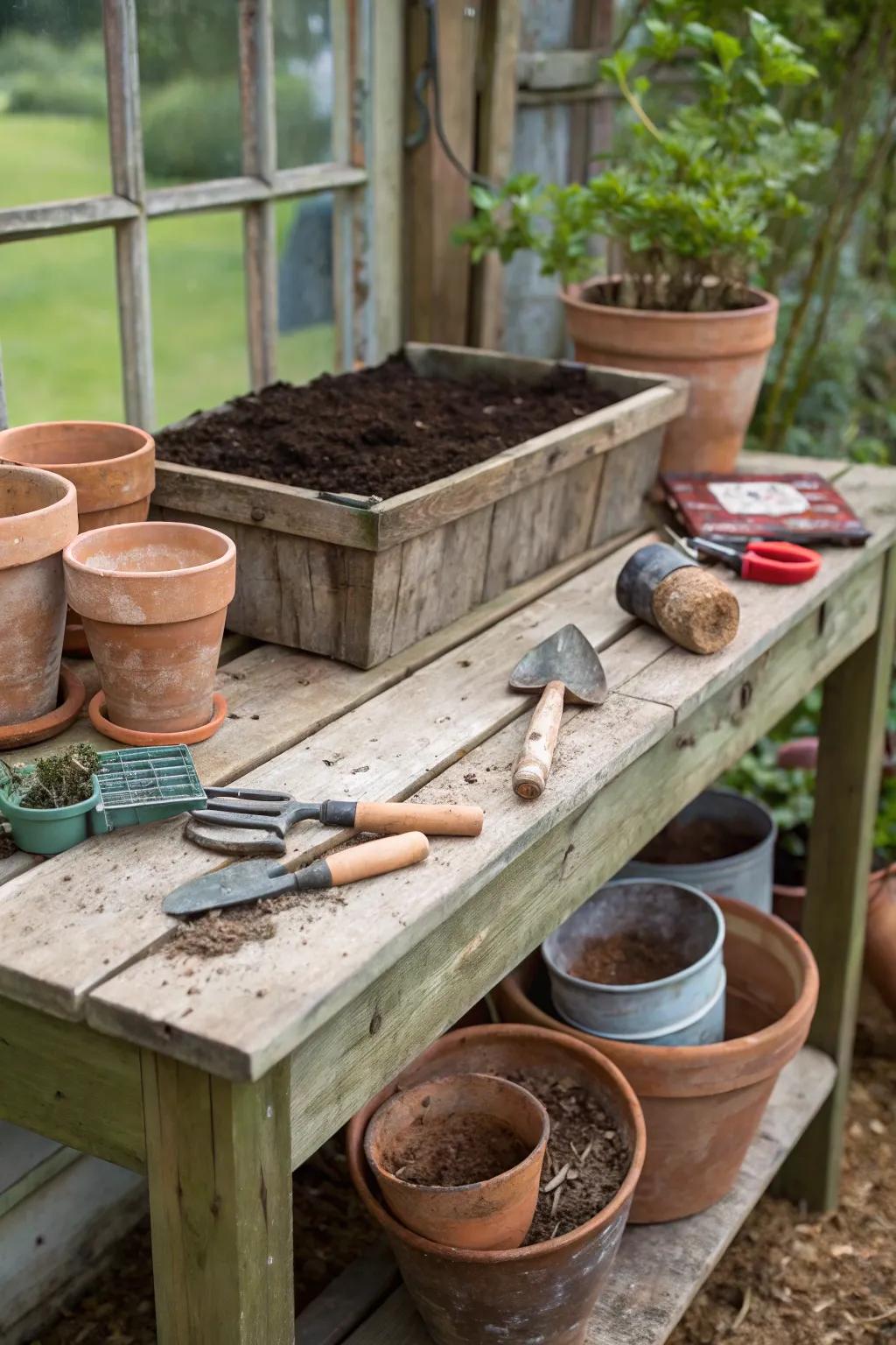 A country potting station poised for gardening tasks.