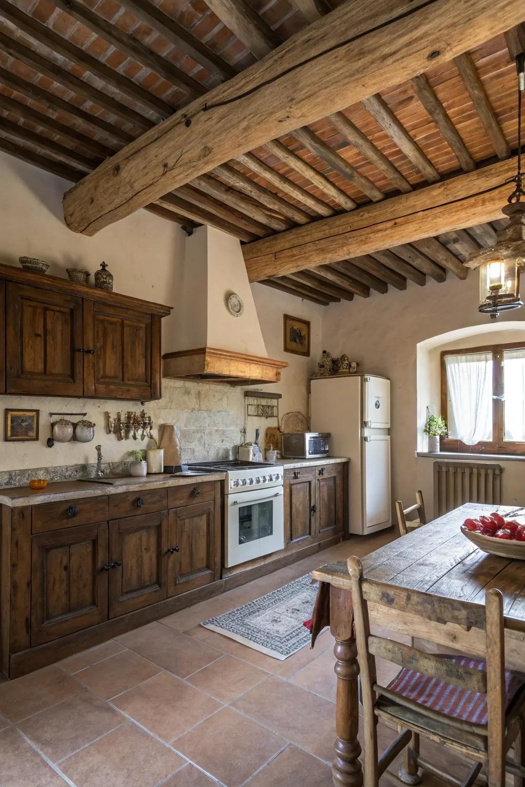Exposed beams add structural beauty and warmth to country cooking spaces.
