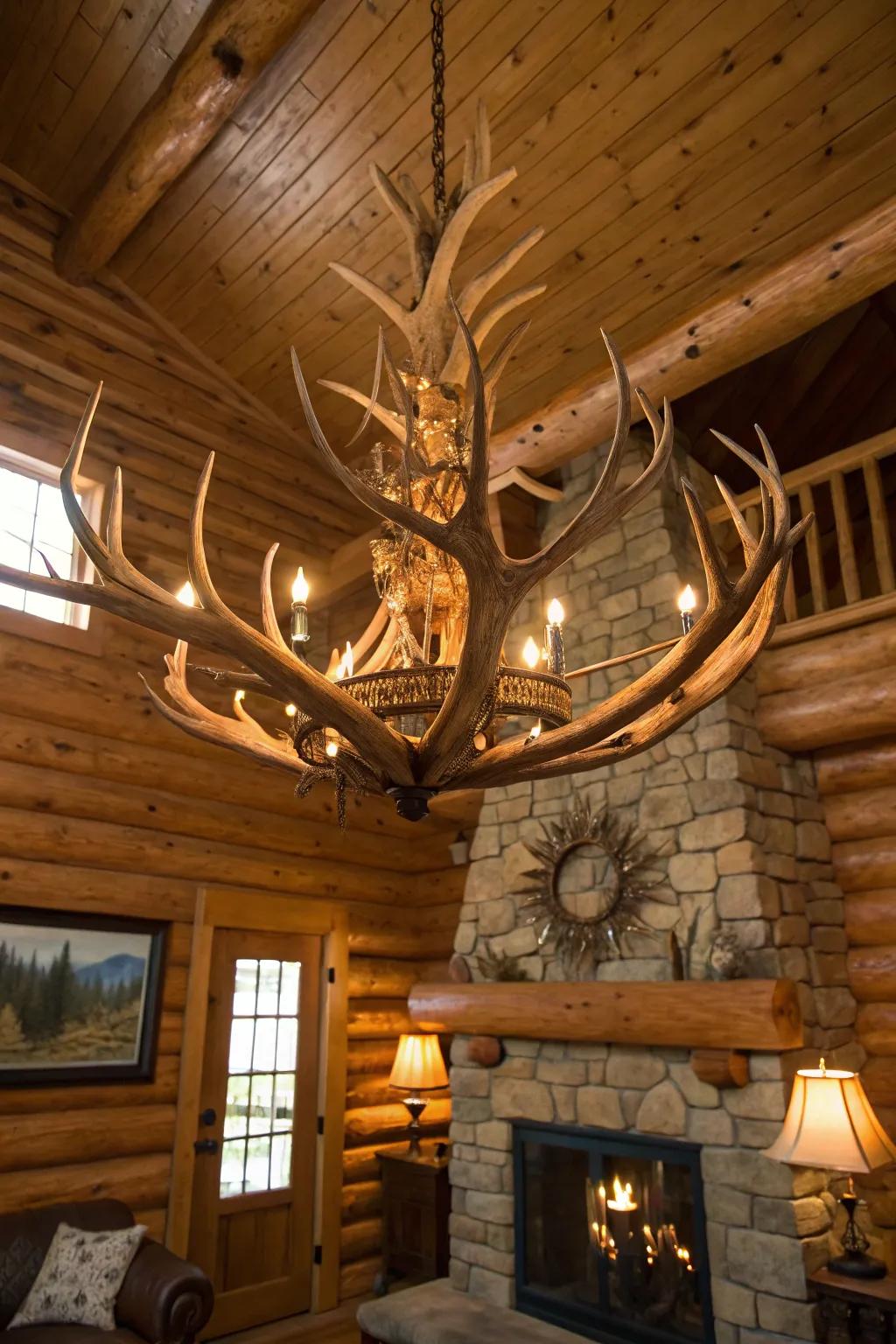 Antler-inspired illumination introduces a unique charm to this country lodge.
