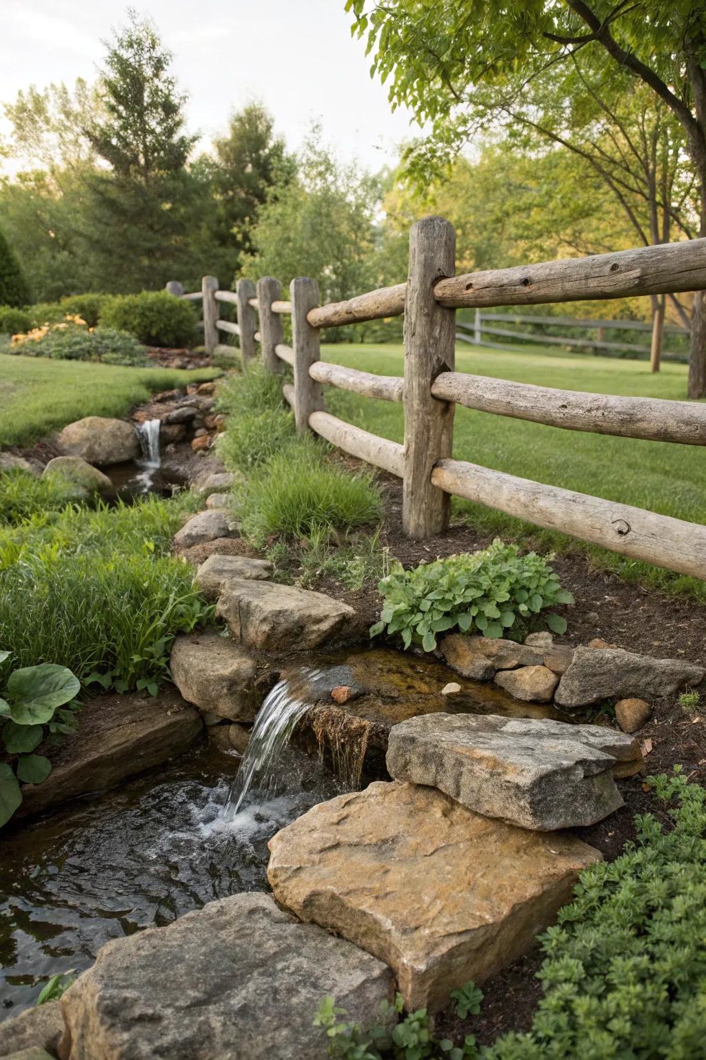 A timber barrier gracefully incorporates a water element, upgrading the garden's tranquility.