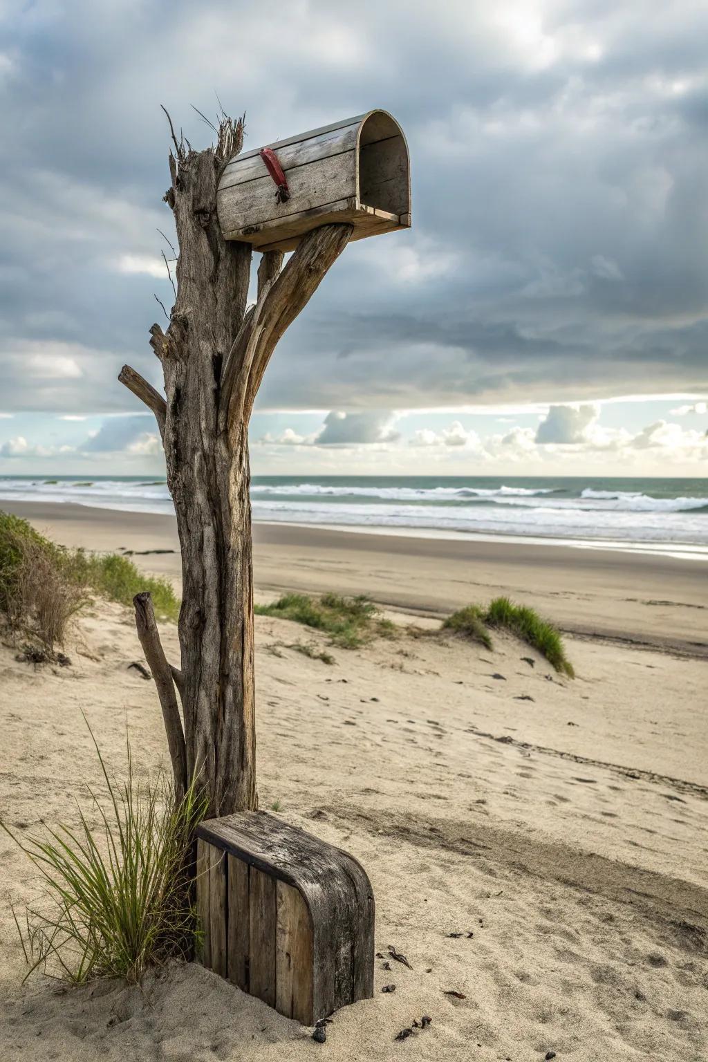 A driftwood carving introduces whimsical artistry to this mailbox stand.