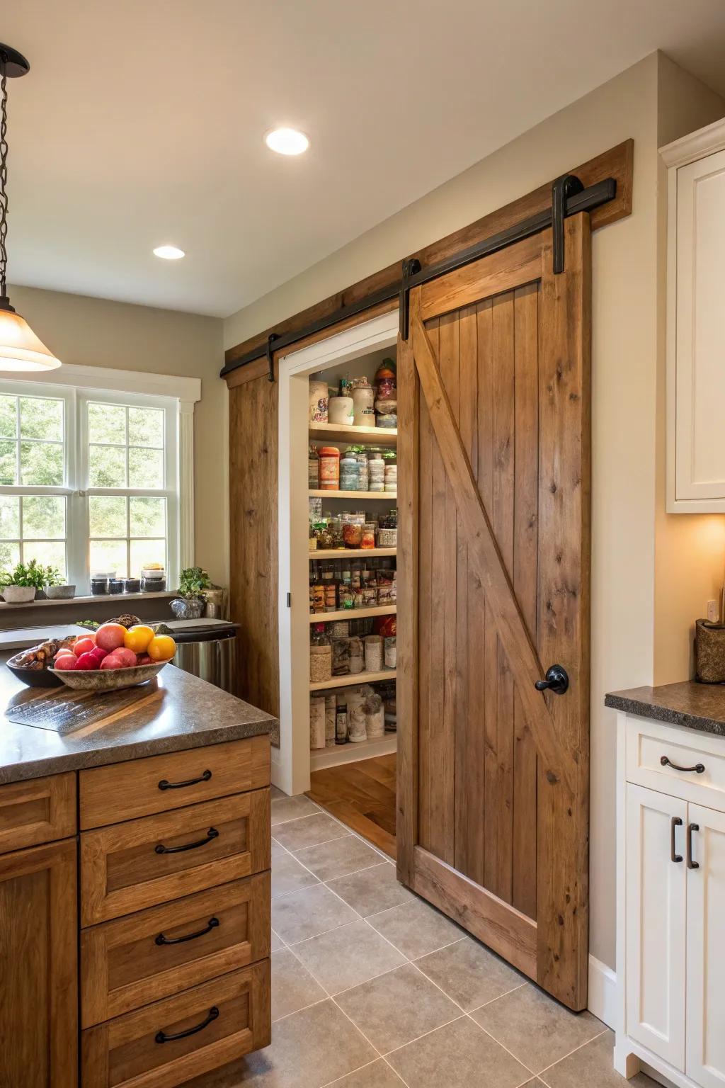 Rolling barn entrances bring both style and functionality to the kitchen.