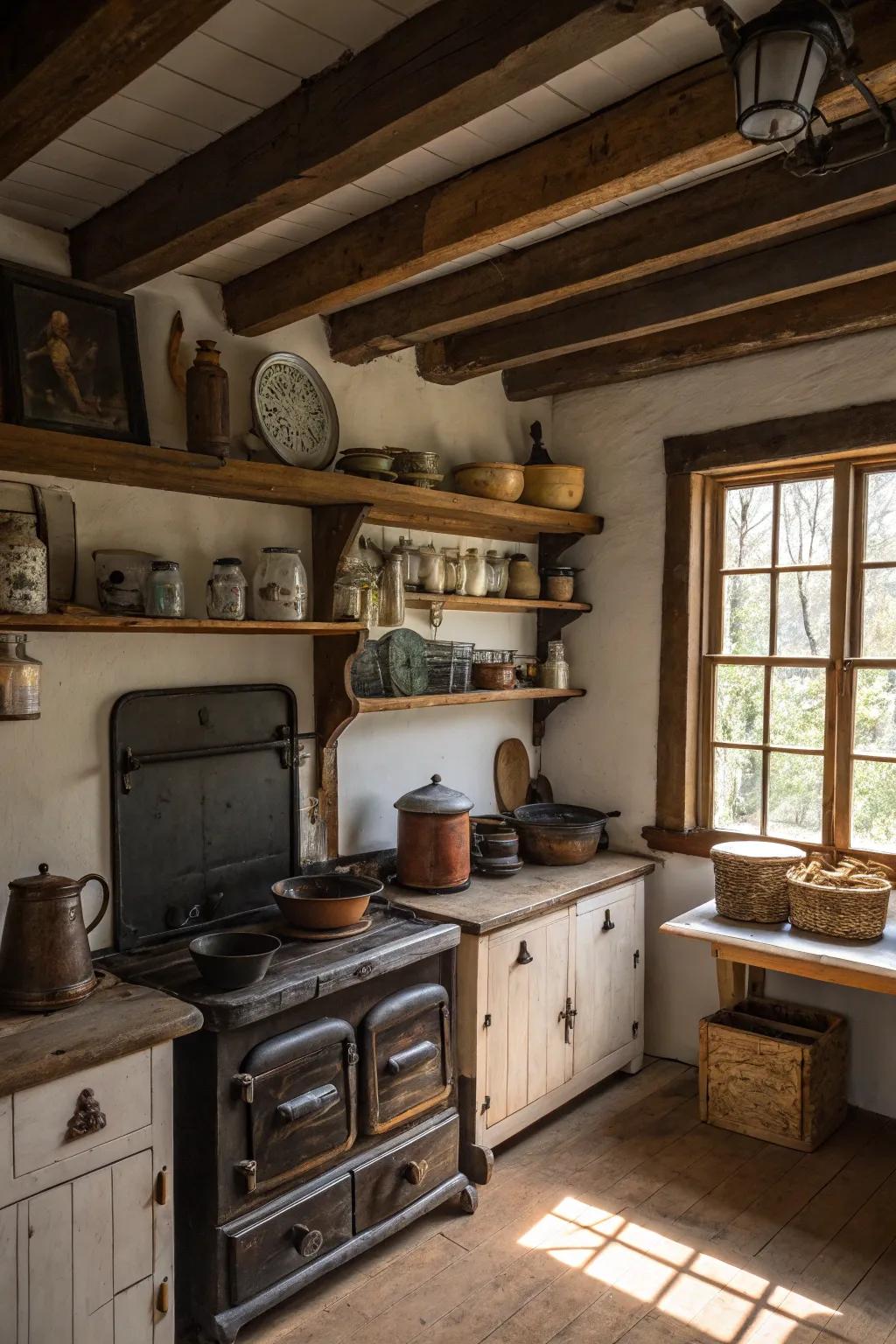 Antiques on display enrich the kitchen with historical appeal.