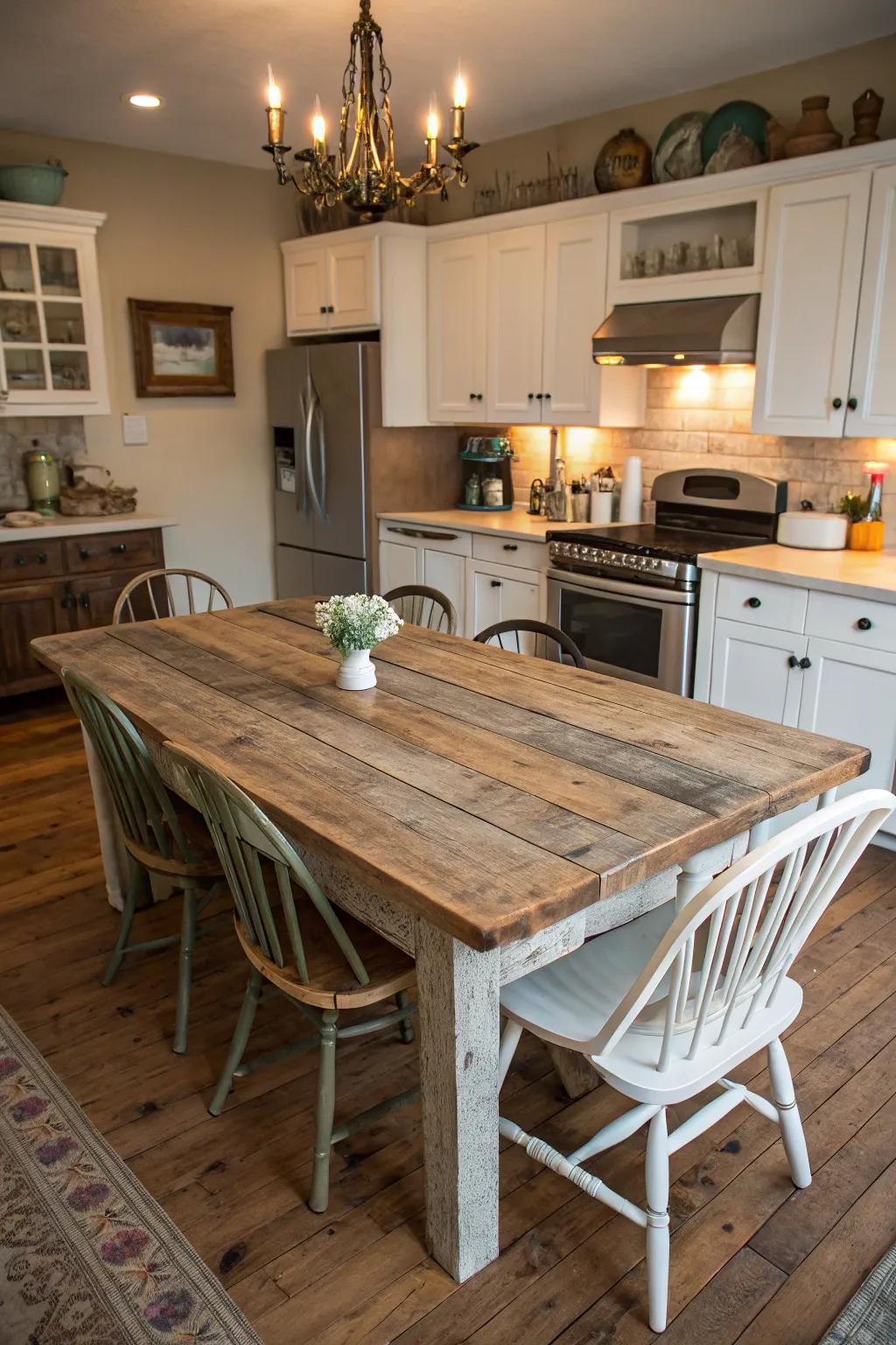 A salvaged timber table introduces history and warmth to a farmhouse kitchen.