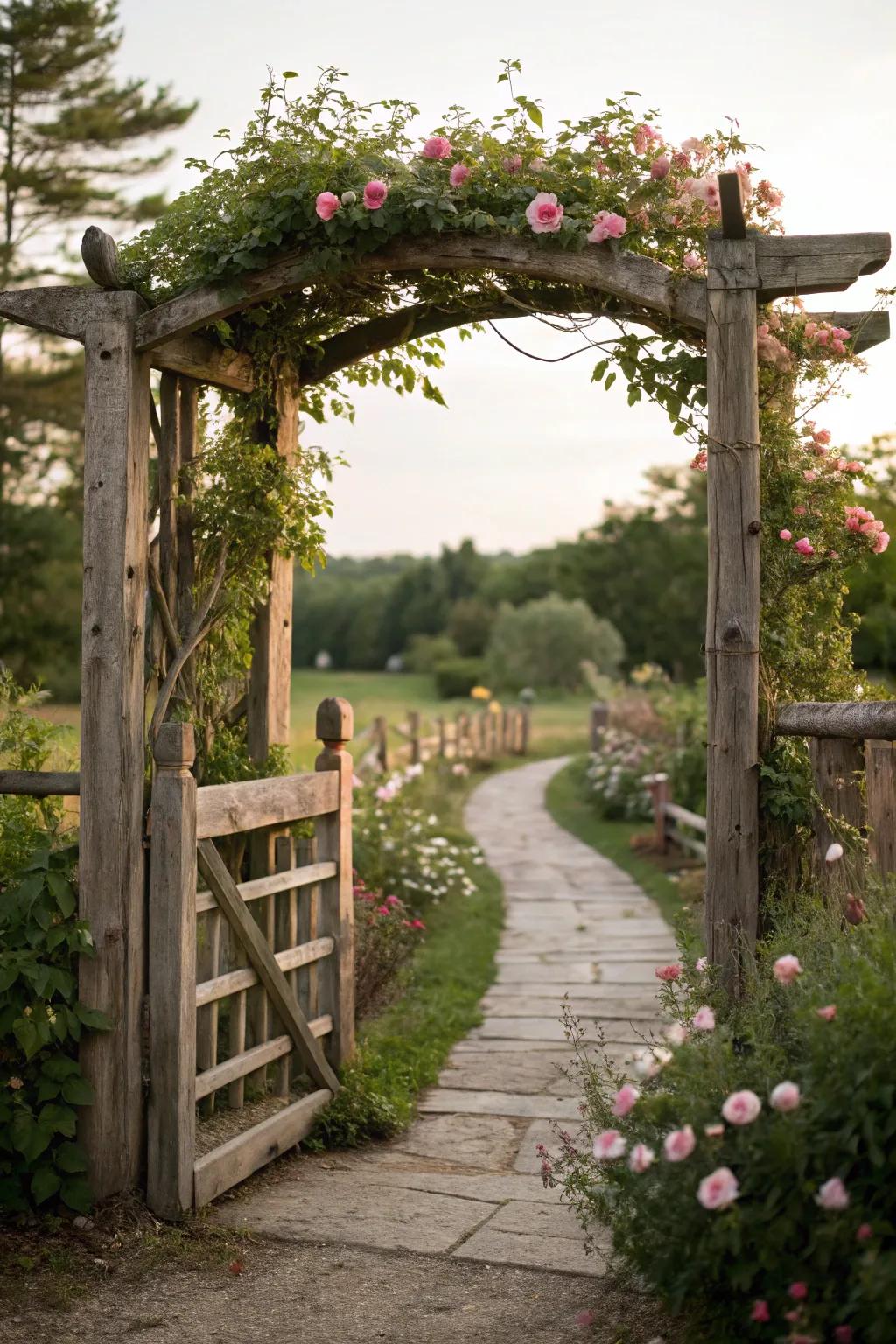 A country archway over a rail fence entrance creates a welcoming focal point.