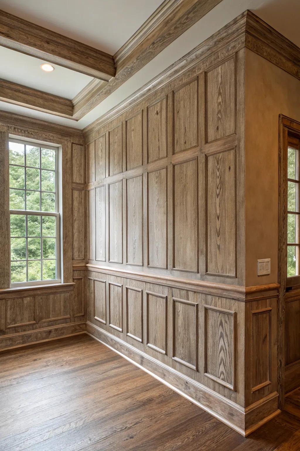 Laminated surface qualities in wainscoting add magnitude and opulence.