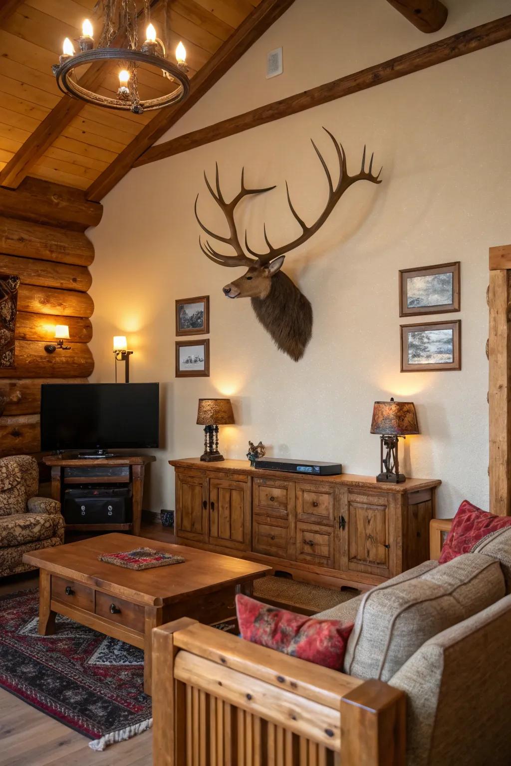 A imitation antler wall mount serves as a striking statement piece in country decor.