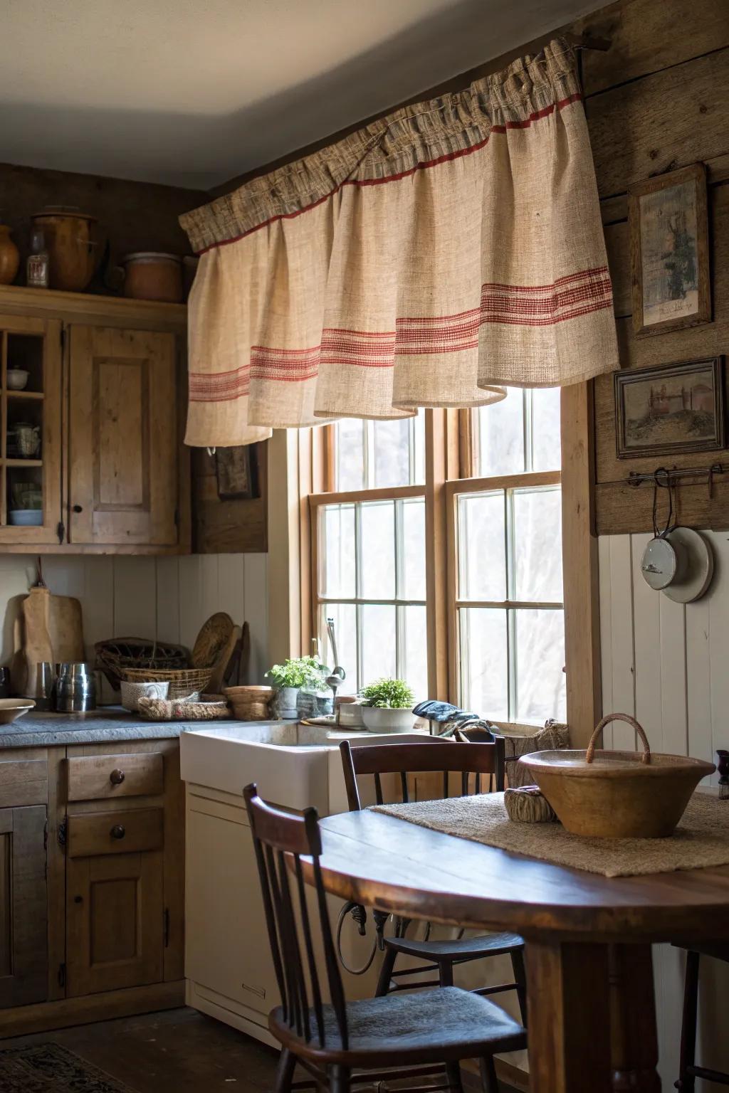 A farmhouse-style kitchen featuring a valance fashioned from a vintage grain sack, adding country appeal.